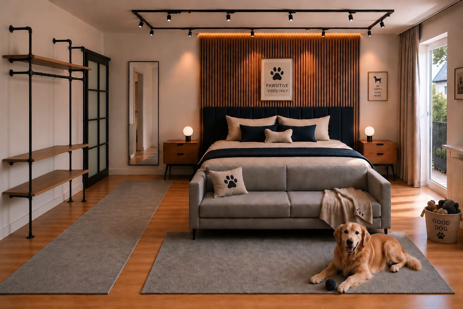 Schlafbereich der Rudelmut Ferienwohnung mit Doppelbett und Hundecouch